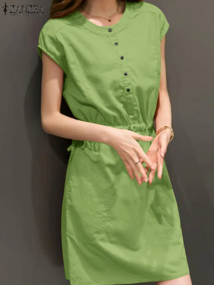 

ZANZEA Women Short Sleeve Solid Work Knee-length Dress Fashion Summer Sundress Robe Femme Drawstring Waist Party Holiday Vestido