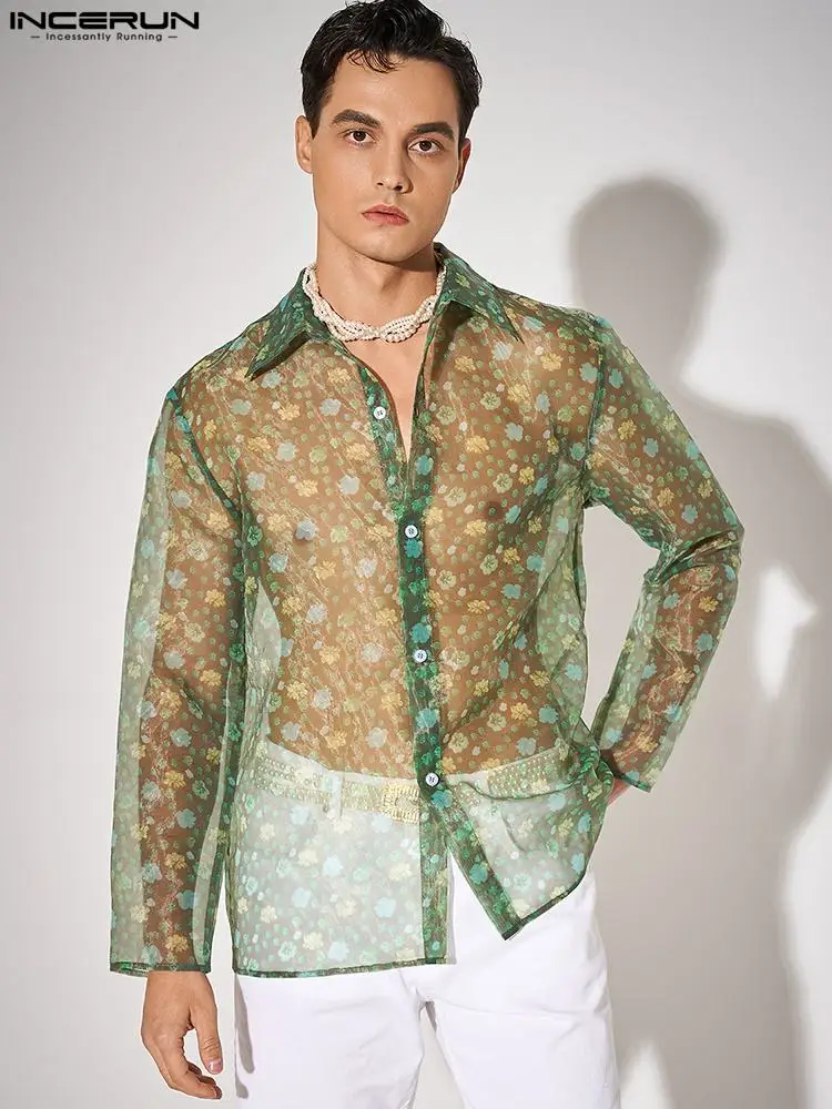 

Мужская рубашка с длинным рукавом INCERUN, с принтом, прозрачная, на 2022 пуговицах, S-5XL