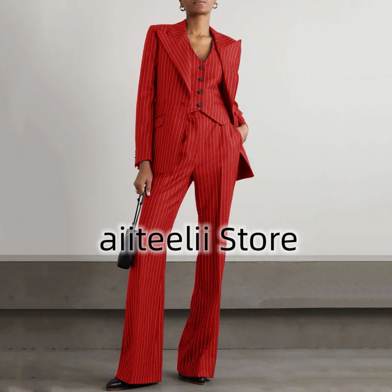 Women's Three-piece Suit Fashion Striped Slim Fit Lapel (Jacket + Vest + Trousers) Collar Single-breasted Suit for Business