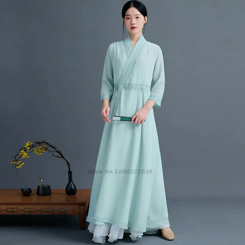 

2022 women cheongsam dress+pants set asian evening party dresses hanfu elegant oriental dress festival clothes folk dance suit