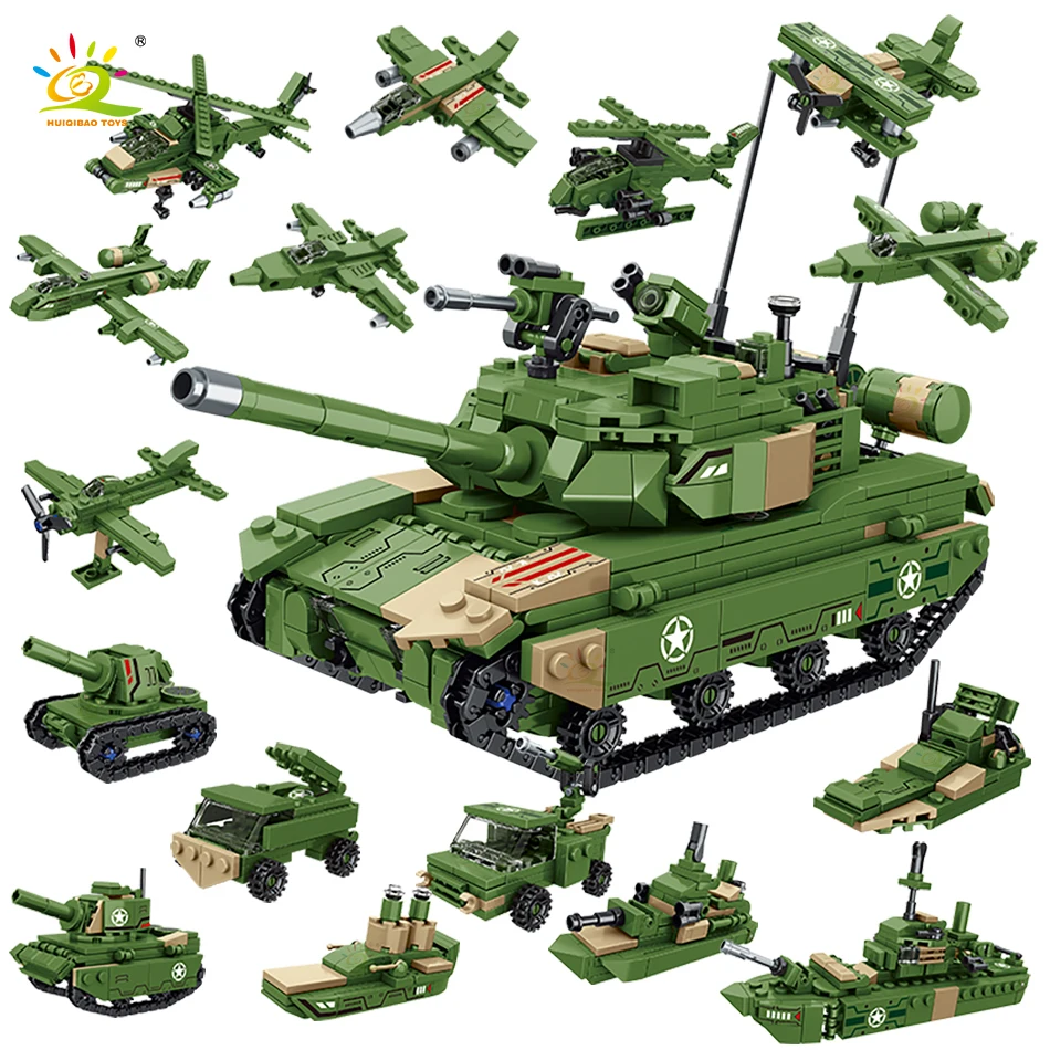 

HUIQIBAO 833pcs 4in1 Military 16 changes Tank Model Building Blocks Toys Weapon WW2 City Soldier Army Figures Bricks Toys Child