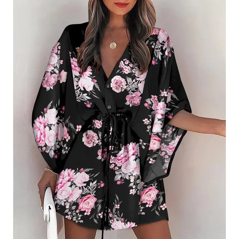 

2023 Summary God. Mini clothes Women. Flora Print Batwing. Sleeve Lace-Up V neck loose Button clotheses Ladies Beach party cloth