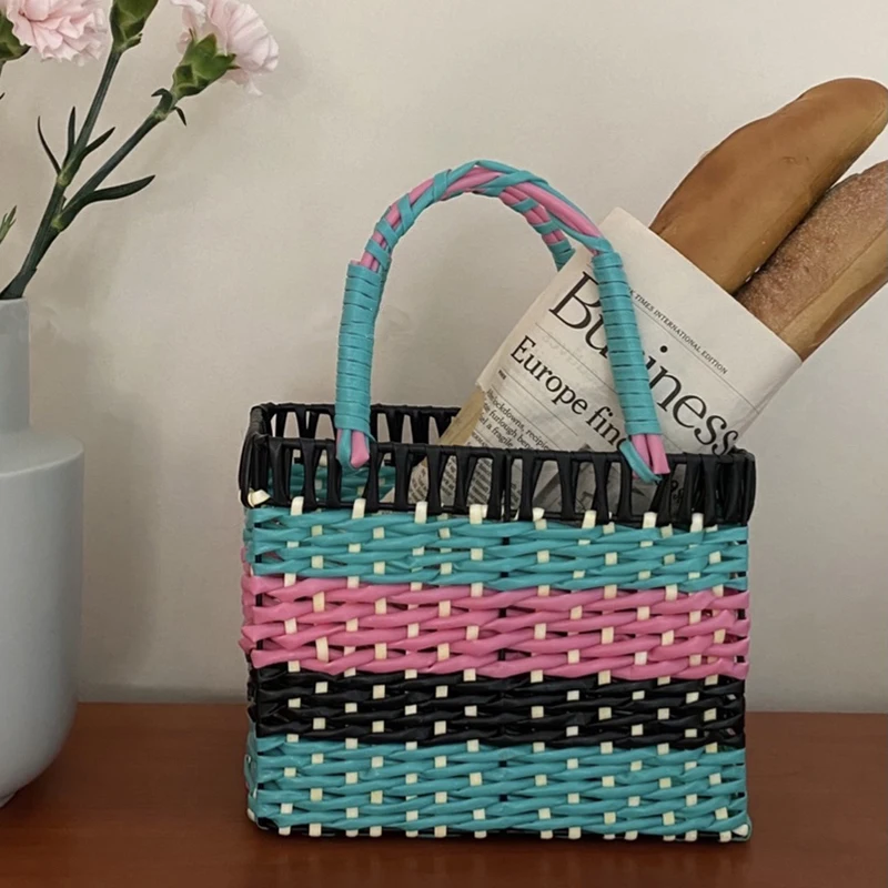 

2022 Fashion Color Hand-woven Bag Women Large-capacity Convenient Vegetable Basket Bag Hand Bag Woven Bags Pvc Casual Handbag