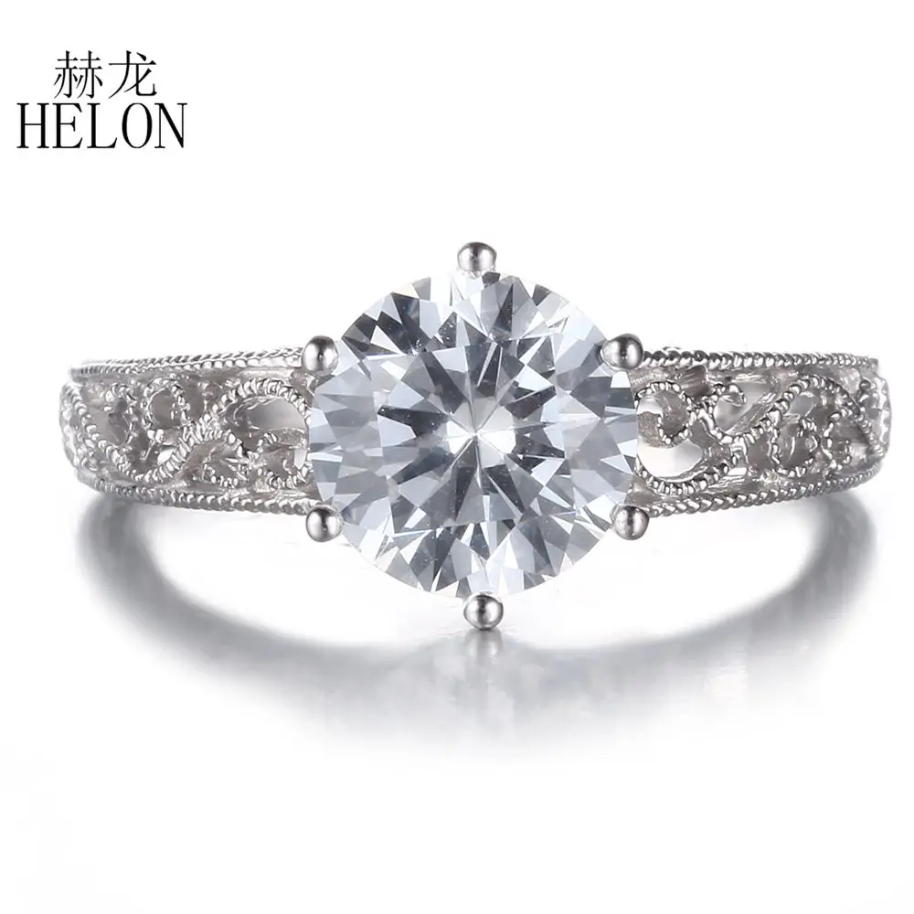 

HELON Solid 14k 10k White Gold 8mm Round 2ct Moissanite Diamond Engagement Wedding Ring Women Vintage Jewelry Moissanite Ring