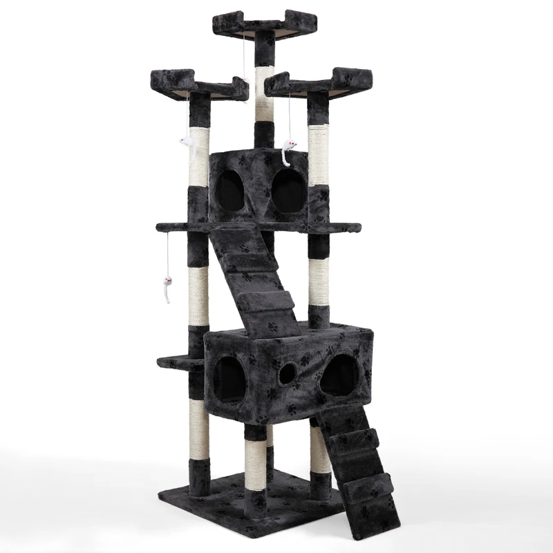 

67" Tree & Condo Scratching Post Tower, With Play Tunnel and Dangling Interactive Toy, Gray