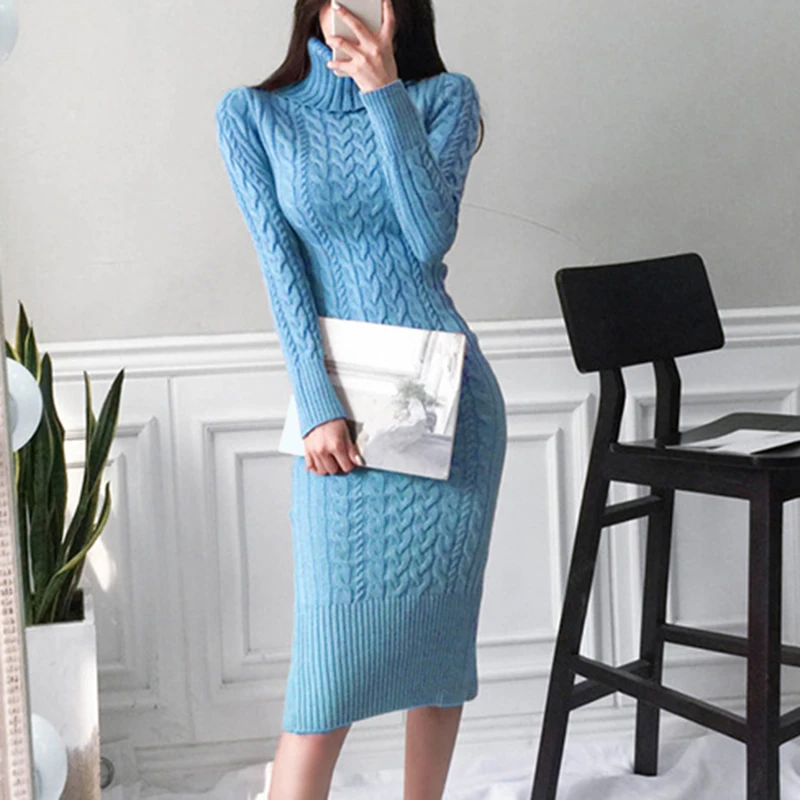 Women Elegant Autumn And Winter Knitted Sweater Dress Casual Ladies Solid Color long-sleeved high-neck Split Tight Dress images - 6