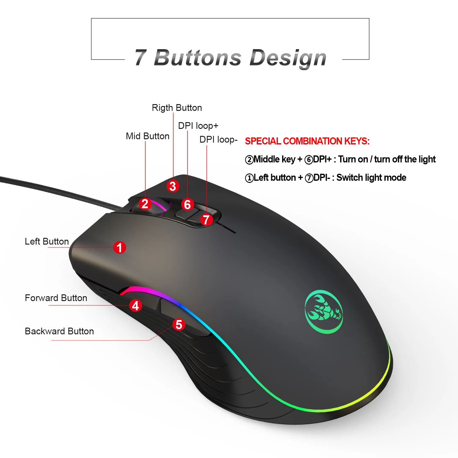 Мышь игровая Проводная с подсветкой 3200 DPI 7 цветов