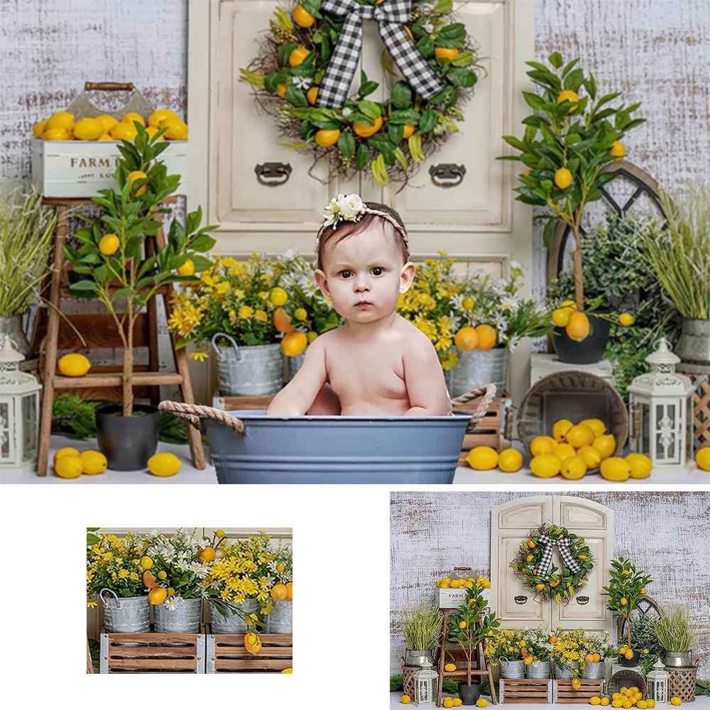 

Photography Background Lemon Farm Market Wooden Door Child Kids 1st Birthday Party Cake Smash Decoration Backdrop Photo Studio