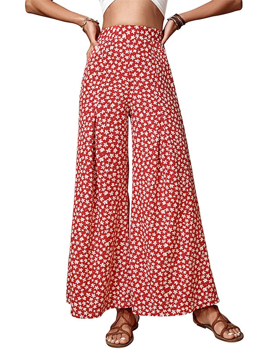 

Женские широкие расклешенные брюки в богемном стиле, эластичные мешковатые брюки с высокой талией и цветочным принтом в стиле бохо, летние мешковатые брюки, одежда для отдыха (A Red L)