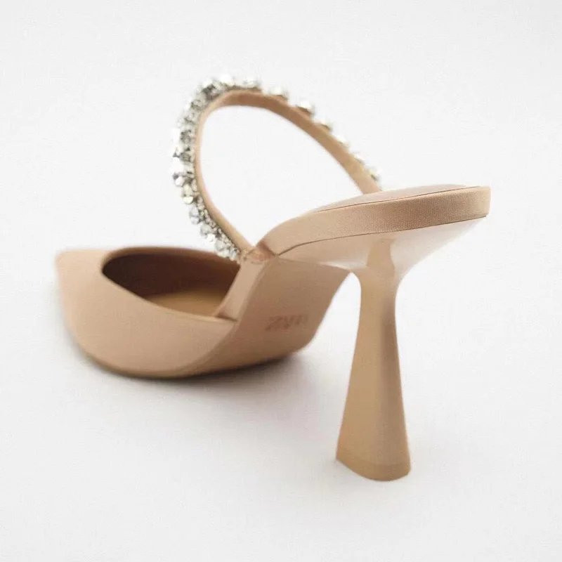 TRAF Summer Heels Women Pumps 2022 Rhinestone High Heels Mules Elegant Office Modern Slingback Heeled Shoe Beige Black Heels
