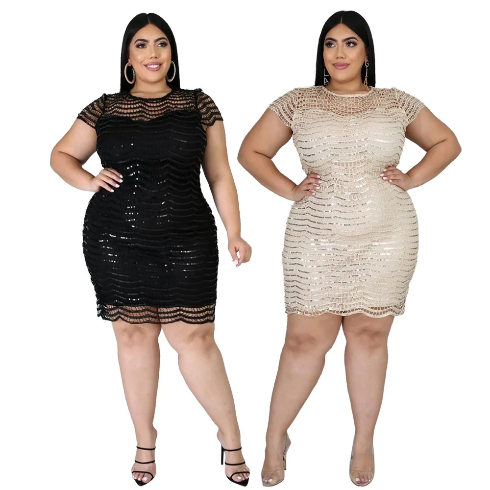 Plus Size Women's Sequin Mesh Splicing Knee Length Skirt Commuting Autumn And Winter Bottomed Round Neck Sexy And Large Dress 
