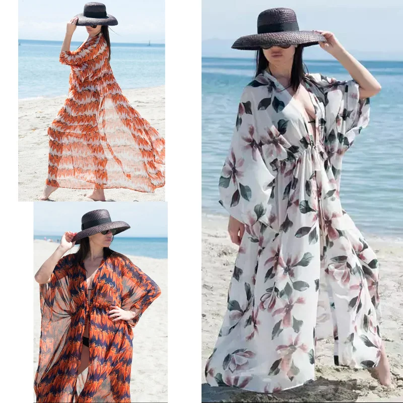 

Sexy Bikini Cover-ups Boho Printed Fringed Long Kimono Carfigan Tunic Women Plus Size Beach Wear Swim Suit Cover Up