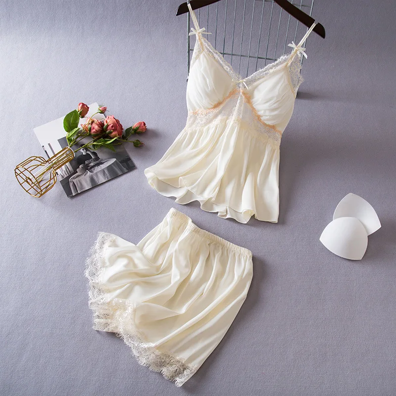 

Sexy Strap Top Shorts With Bra Sleepwear Summer Women Lace Trim 2PCS Pajamas Set Casual Solid Satin Nightwear