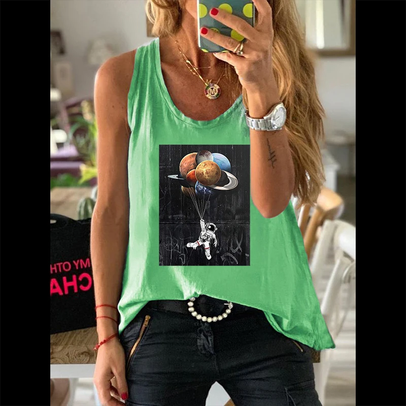 Summer Casual Fashion Women Vests Graphic 100% Cotton Sleeveless Camisole Astronaut Planets Print Ladies Regular Daily Tank Tops |