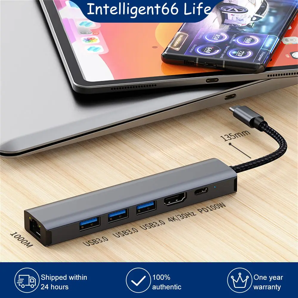 

Usb-c Six-port Extension 6 Port Extension Rj45 With Projection Function -compatible 4k 100w Pd Hub 4k/30hz For Laptop Phone
