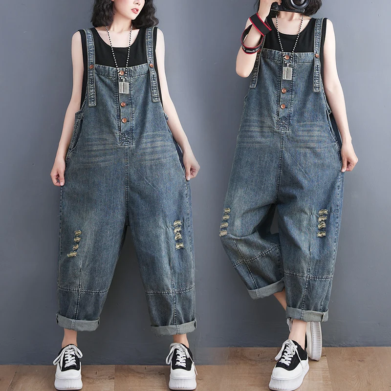 Vintage Streetwear Ripped Jeans Jumpsuit Women Casual Loose Wide Leg Straps Denim Overalls Female Cargo Baggy Bib Pants Rompers