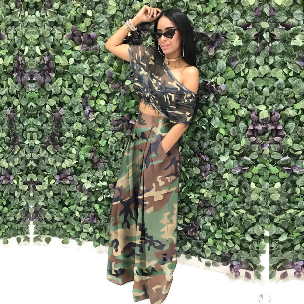 

2023Ladies Spring Summer Camouflage Print Elastic Waist Wide Leg Pants Casual Pants Trousers Pantalones De Mujer