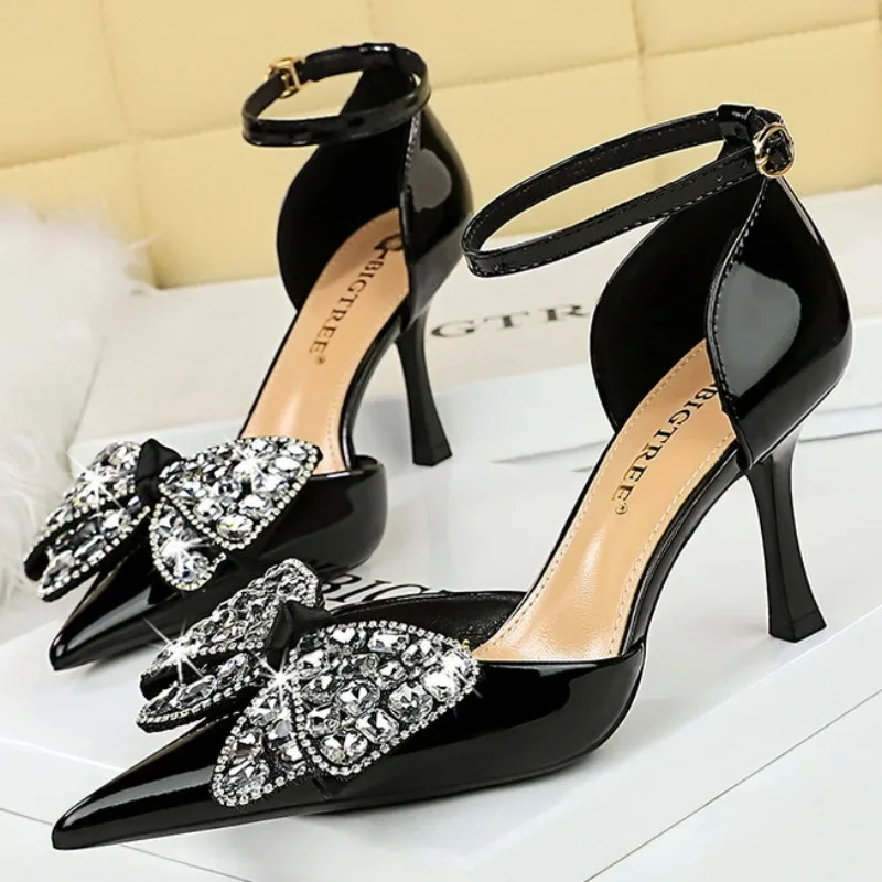 

BIGTREE Summer Brand Women's 8cm High Heels Rhinestone Bow Pumps Patent Leather Ankle Strap Sandals Luxury Ladies Wedding Shoes