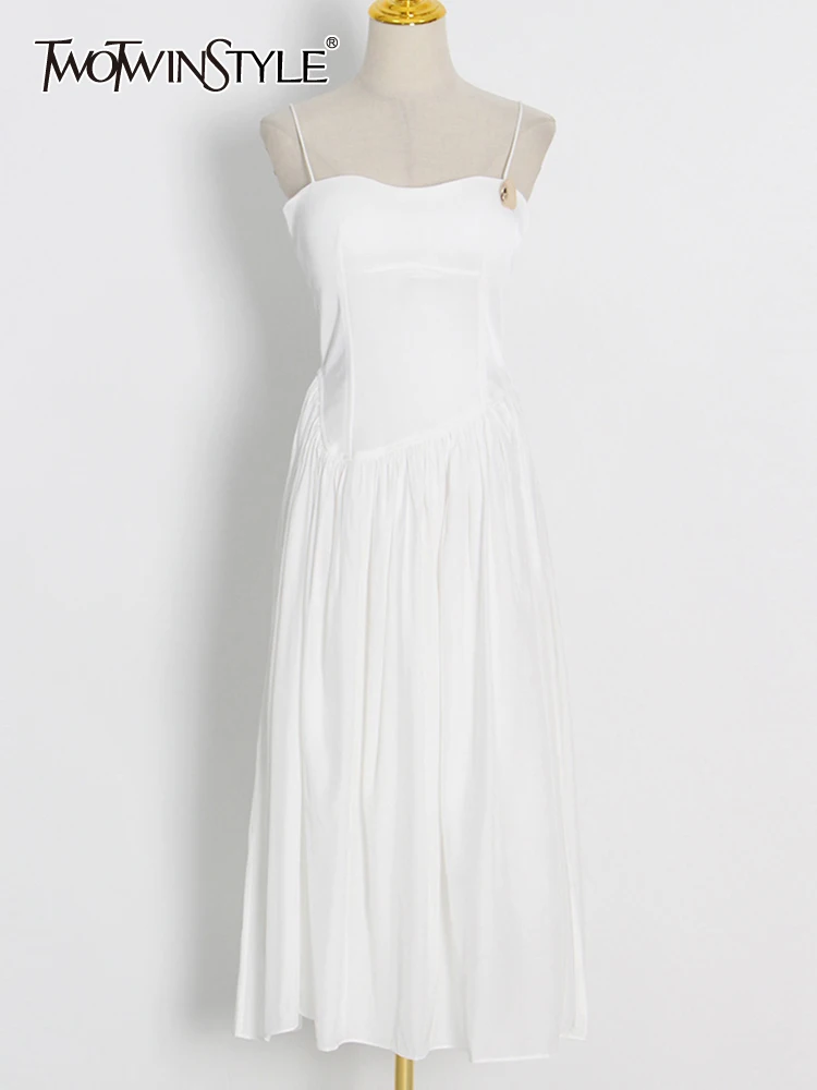 

TWOTWINSTYLE Casual White Dress For Women Square Collar Sleeveless High Waist Solid Midi Sling Dresses Female Summer Clothing