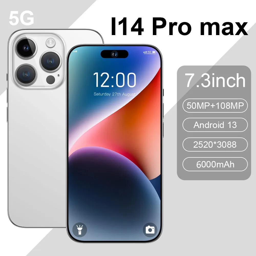 

i14 Pro Max Smartphone 7.3 inch Full Screen Face ID 6000mAh Mobile Phones Global Version 4G 5G Cell Phone