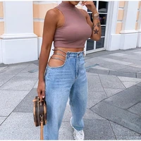 2021 summer sexy high waist jeans women washed chain straight side hollow patchwork blue long pants zipper pocket denim trousers