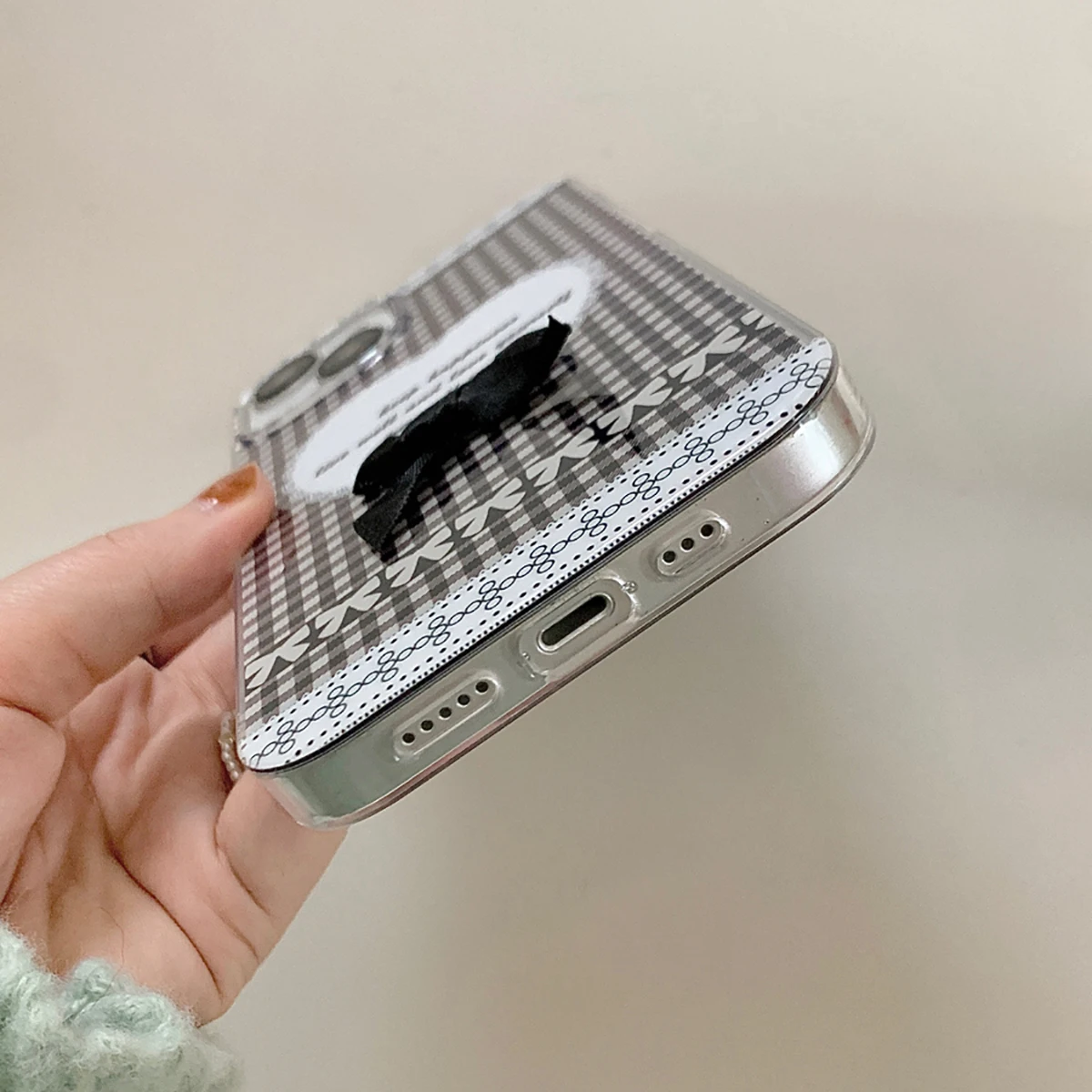 Блестящий двухсторонний IMD чехол с милым бантом в клетку для iPhone 15 13 14 12 Pro Max