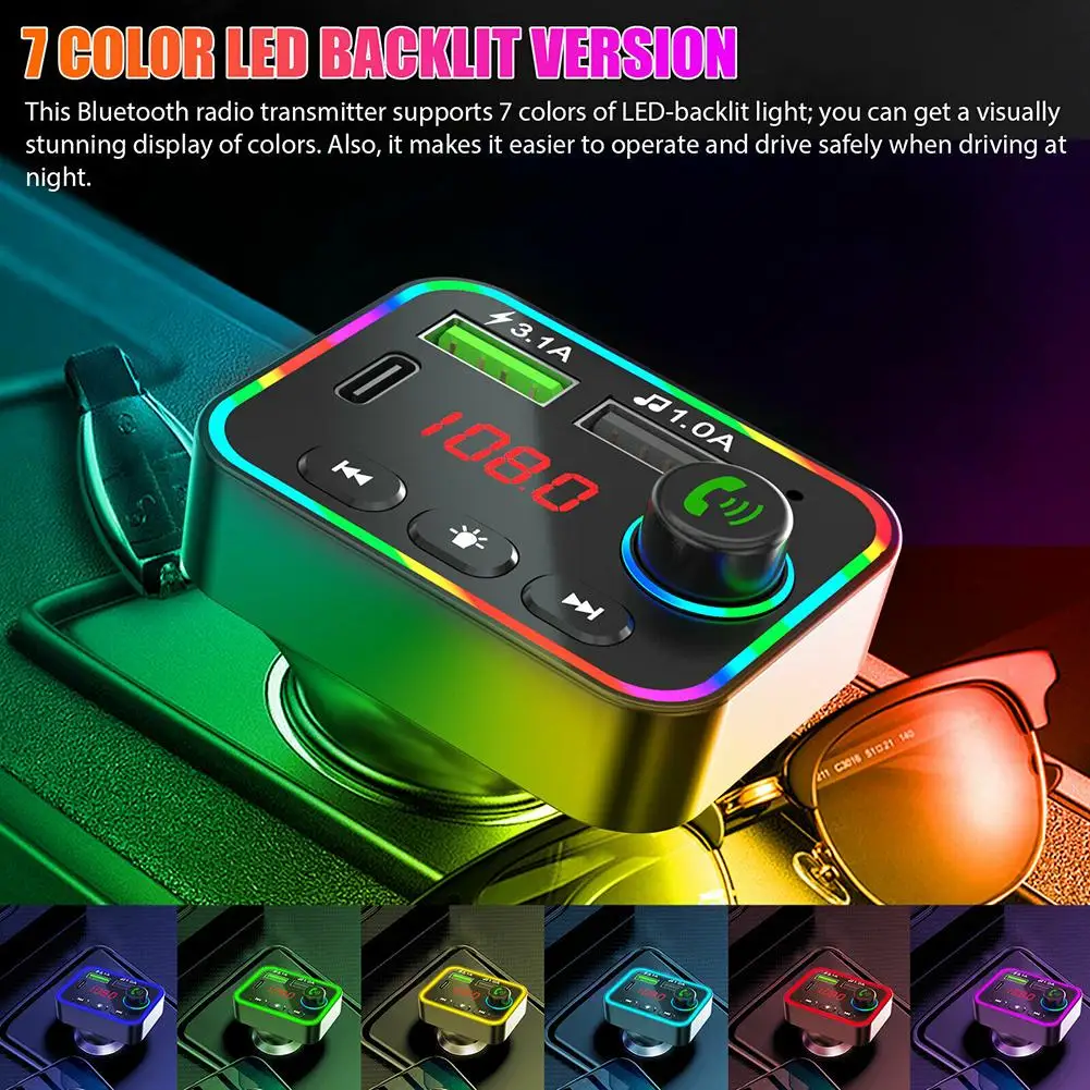 

Usb Car Bluetooth5.0 Charger Fm Transmitter MP3 Player U Disk/TF Card F4 Colorful Atmosphere Lamp Audio Receiver Hands-free Kit