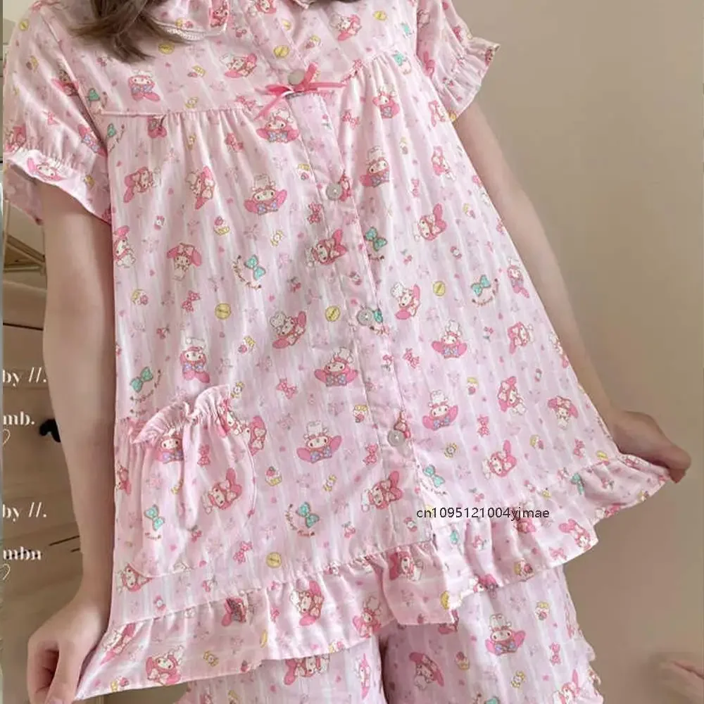Фото 2 шт. Sanrio My Melody, милый розовый сладкий пижамный костюм Y2K Kt Cat, домашняя одежда, женская верхняя рубашка с короткими рукавами, шорты, летняя одежда для сна №5