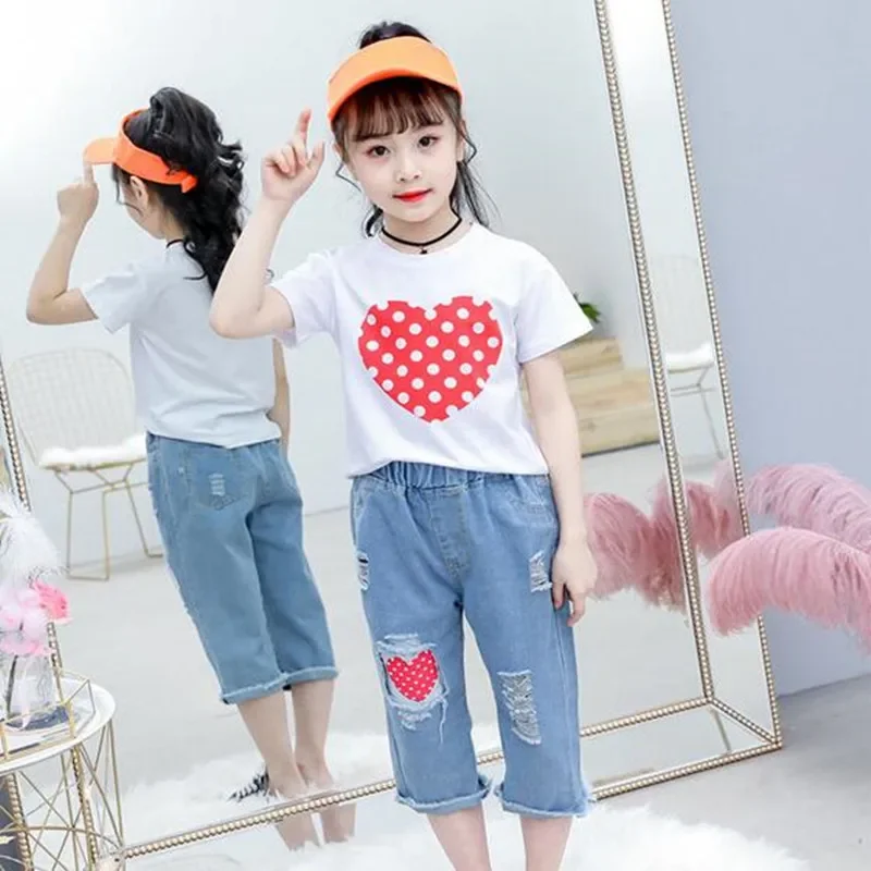 

Спортивный костюм для девочек, футболка с коротким рукавом и джинсовые штаны, комплект одежды для подростков, на возраст 6, 8, 10, 12 лет, летняя одежда