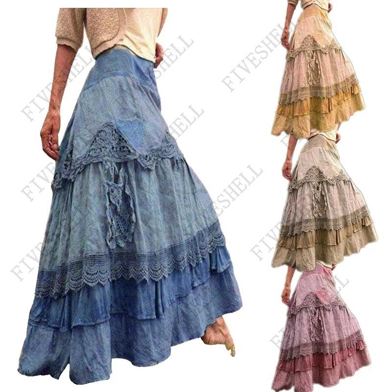 

Halloween Costumes Lolita Vintage Steampunk Renaissance Clothing Medieval Women's Dress Lace Stitching and Large Hem Cake Skirt