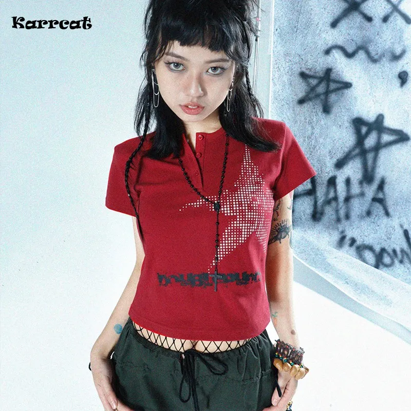 

Karrcat Punk Gothic Crop Tops Grunge Y2k Aesthetics Short Sleeve T-shirt Japanese Harajuku E-girl Tops 00s Mall Goth Streetwear