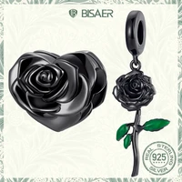 bisaer 925 sterling silver charm vintage black rose green leaves pendant bead for women diy bracelets original fine jewelry