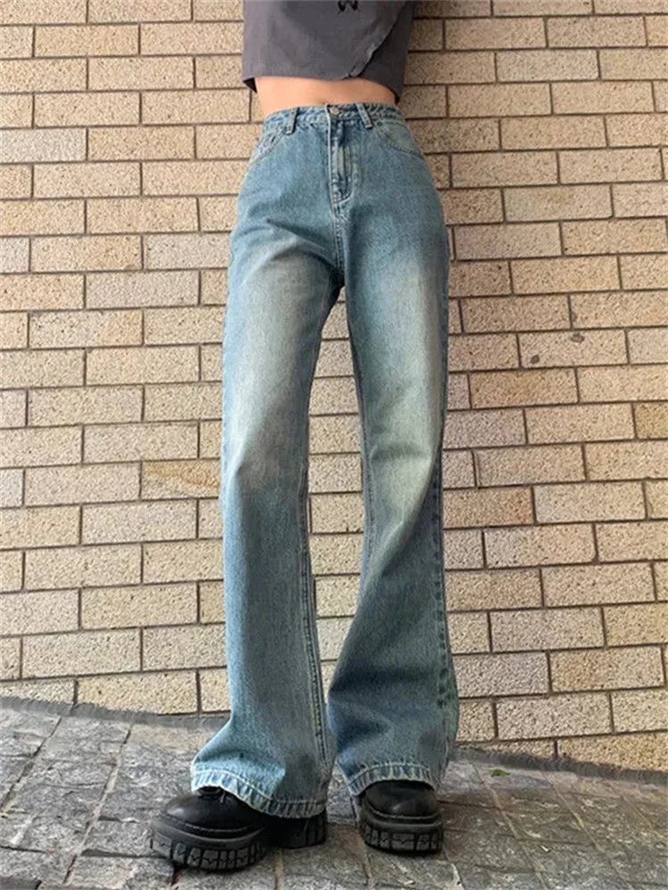 

QWEEK Vintage Denim Flared Pants Women 90s Retro Korean Fashion Wide Leg Blue Jeans Oversized Basic Casual Bell Bottom Trousers