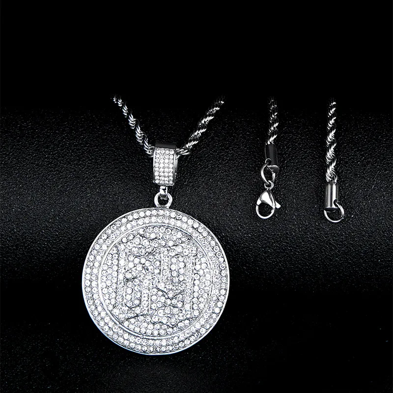 

New Round Coin Bitcoin Pendant Necklace Iced Out Micro Pave Zirconia Hip Hop Gold Color Chains For Men CZ Charms Jewelry Gift