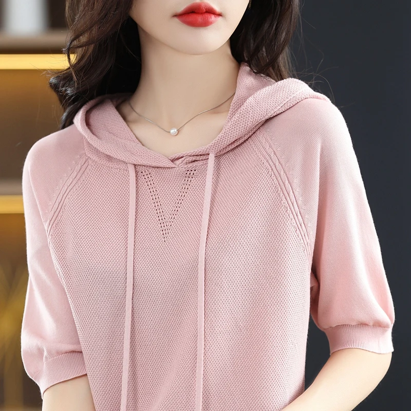 

5 color hooded T-shirt loose and comfortable new knitted summer ladies short-sleeved thin pullover sweater T-shirt solid color