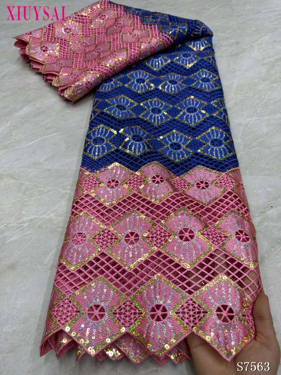 

Pink Guipure Cord Lace Fabric with Sequins 2023 High Quality Lace Material Bridal For Nigerian Wedding Dress