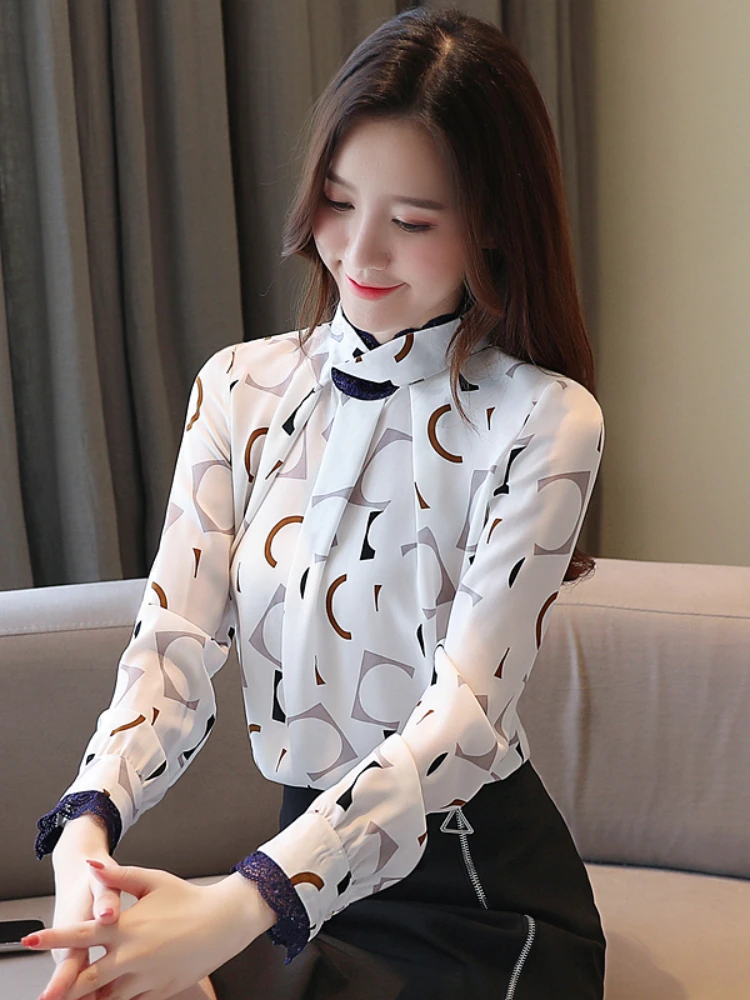 

Шифоновые женские блузки с принтом, Повседневная рубашка с длинным рукавом, Свободный Топ, летняя модная кружевная Женская одежда в Корейск...