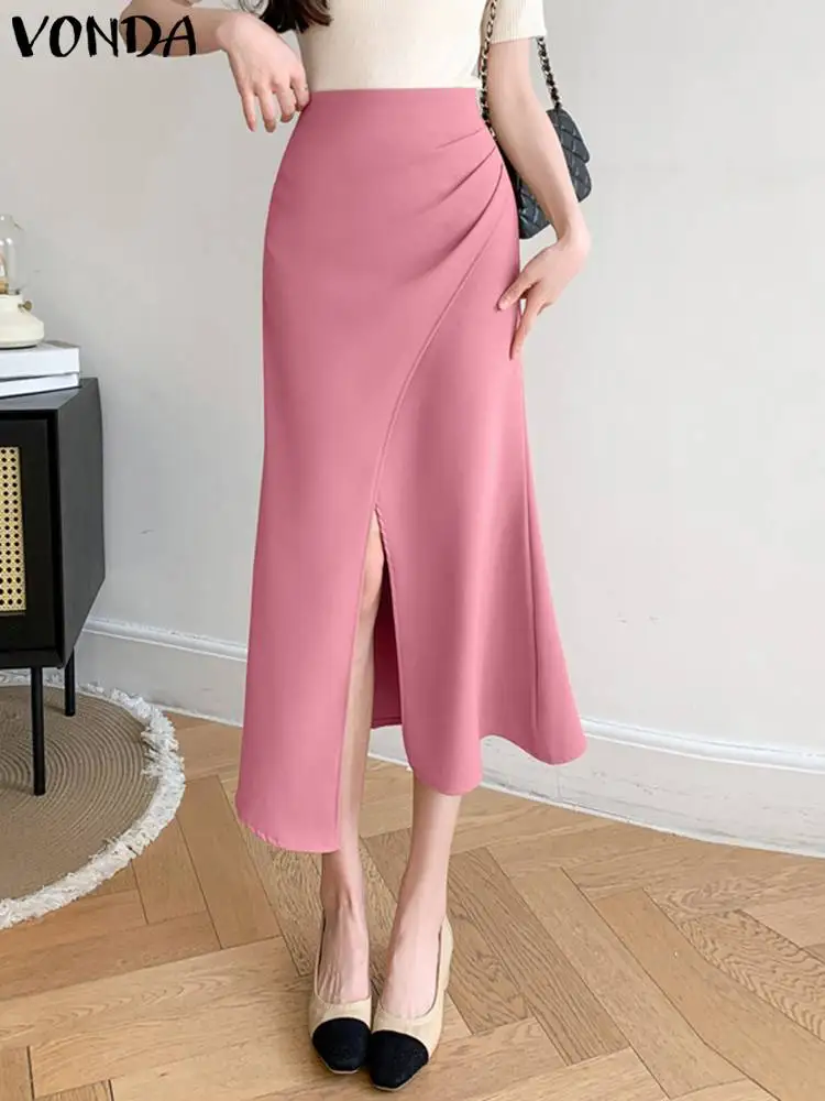 

VONDA 2023 Elegant Summer Women Midi Skirts Split Office Vestido Bottoms Casual Solid High Waist Pleated Party Skirts Oversized