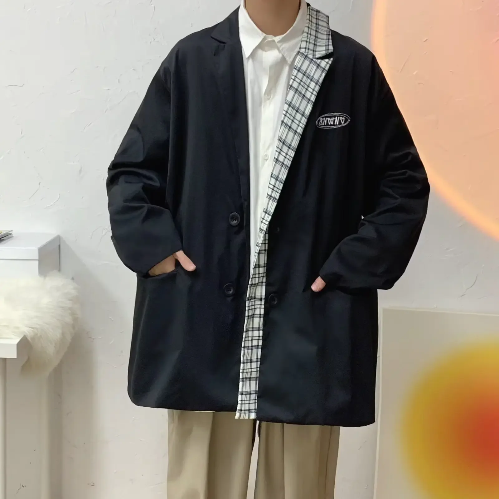 Spring Autumn Men's Loose-fit Trendy Korean Style Suit Elegant Vintage Western-style Clothes Plaid Casual Top Jacket