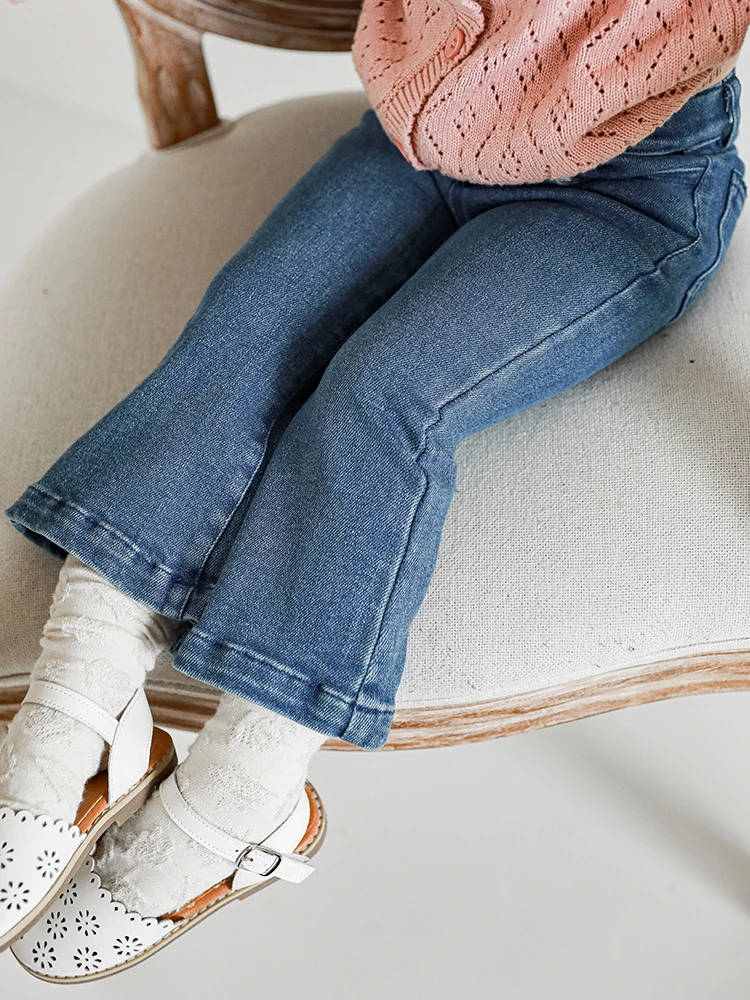 

Girls Slim Flared Pants Spring New All-Match Elastic Jeans Kids Retro Sand Wash Soft Pants