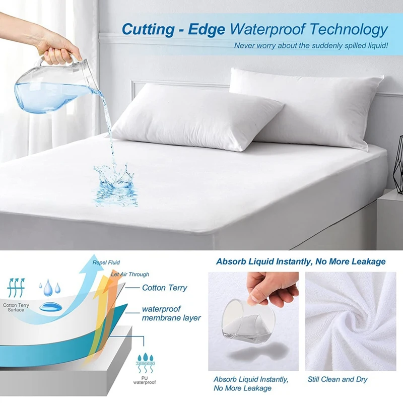 Защитный чехол на матрас Queen Size - водонепроницаемый покрывало из чистого хлопка гладкое мягкое кровать 60X80X18 дюймов.