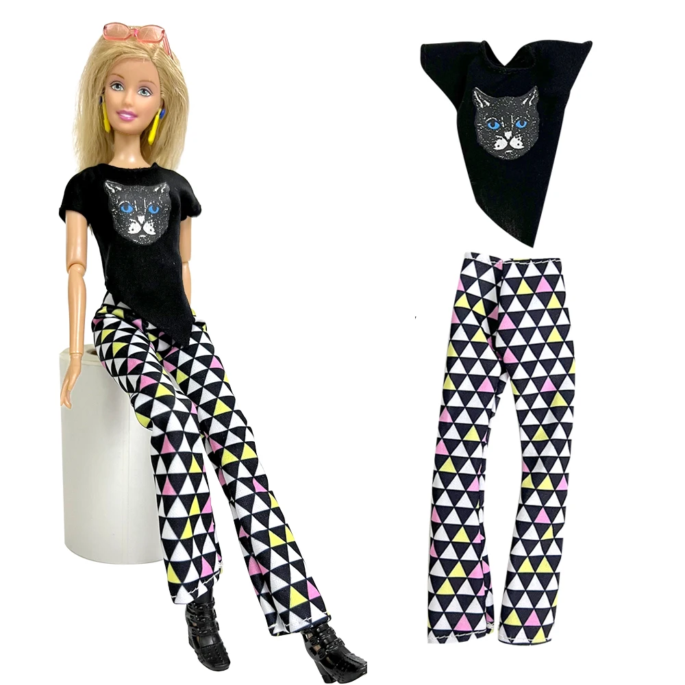 

NK Official 1 Set Fashionable irregular super cute black cat T-shirt&colorful art style pants For Barbie Doll 1/6 Accessories