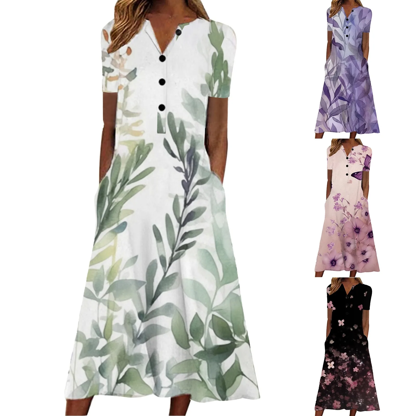 

Летнее повседневное женское платье на пуговицах с коротким рукавом, женское платье средней длины, платья
