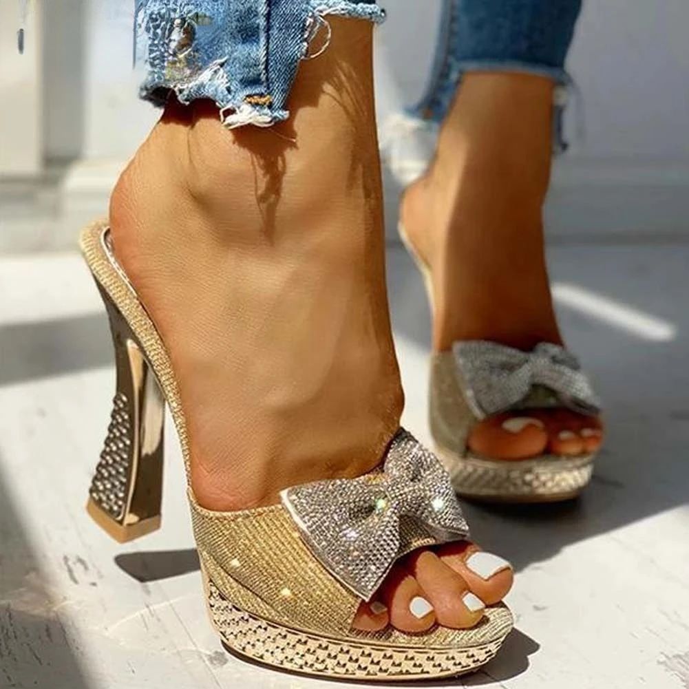 

Trendy Fashion Female Bowknot Sexy Slippers 2023 Summer Slippers Women Platform Crystal Thick High Heels Shoes Woman