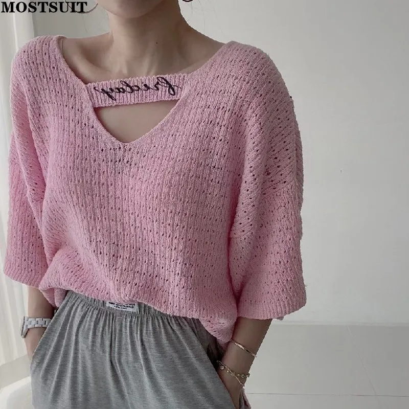 

Korean Loose Knit Sweater Women's T Shirt Pullover Hollow Out Letters Thin Knitted Top Tees V-neck Fashion Solid Ladies Knitwear