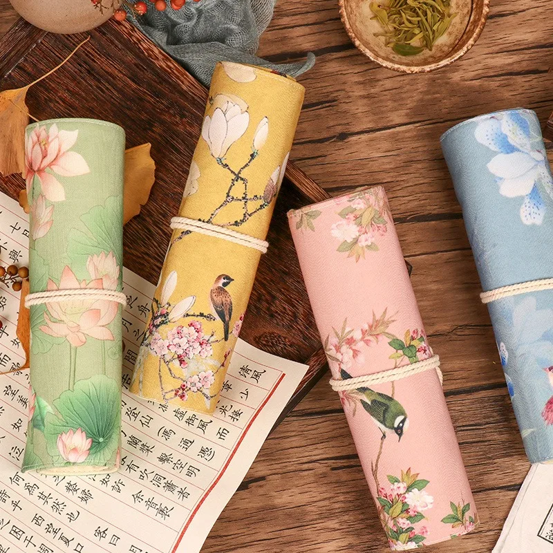 

Vintage Flower Pen Pencil Bag Wrap Original Chinese Style Apricot Lotus Crane Storage Roll Pouch for Stationery School