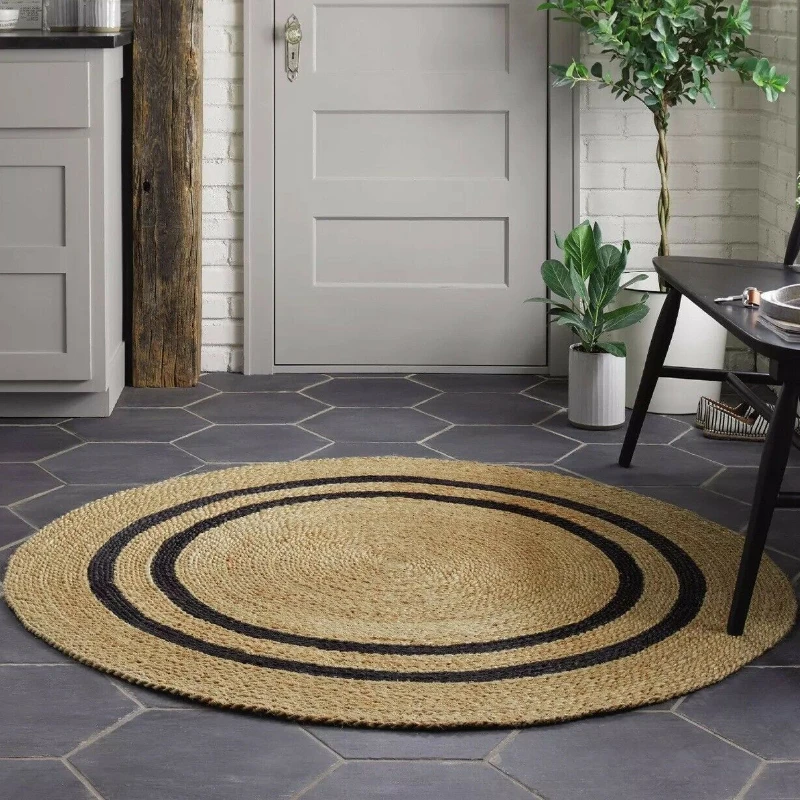 

Round Rug Natural Jute Carpet Hand Braided Modern Look Living Area Rugs Jute Primary Color Black Stripes Reversible Round Mat