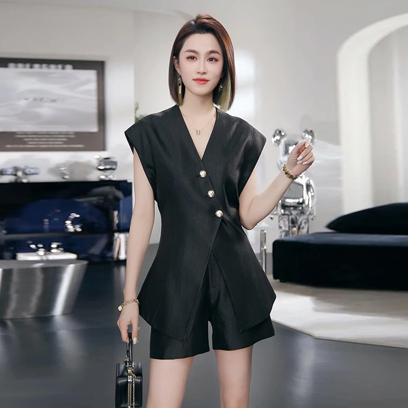 Женский офисный костюм из двух предметов однобортный Топ с V-образным вырезом и