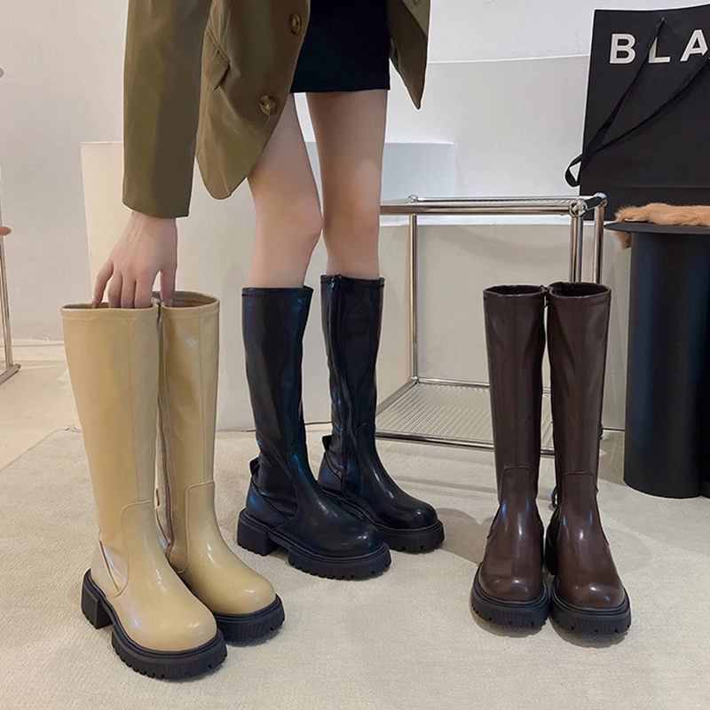

Женские сапоги на плоской платформе, осенние сапоги, женские привлекательные сапоги до бедра на высоком каблуке, Сапоги выше колена на молнии с круглым носком, 2022