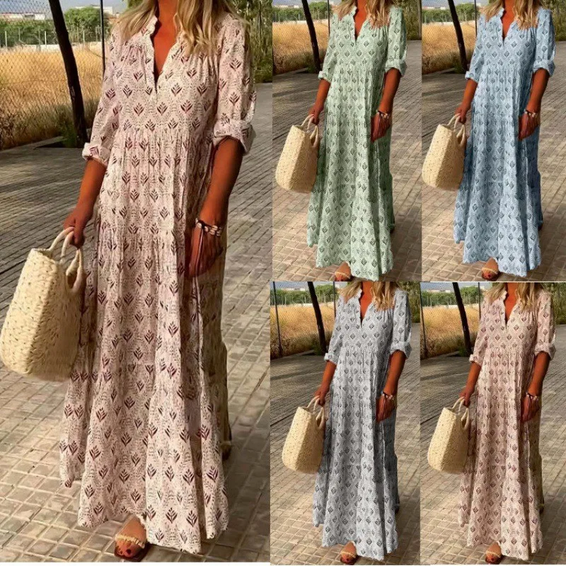 

S-5xl Women's Autumn Print V-Neck Long Sleeve Fashion Dress 2023 Casual Loose Shirt Dresses Retro Mujer Maxi Vestido Elegante